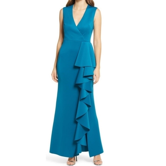 NWT Eliza J Peacock Color Sleeveless Ruffle Stretch Satin Gown New With Tag